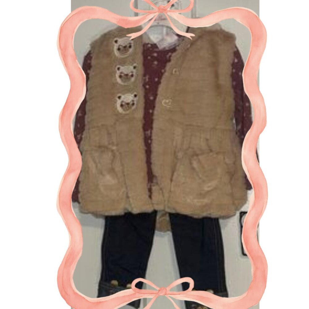 Little Lass 3 pc set bear vest with hood, floral shirt and leggings 3T
